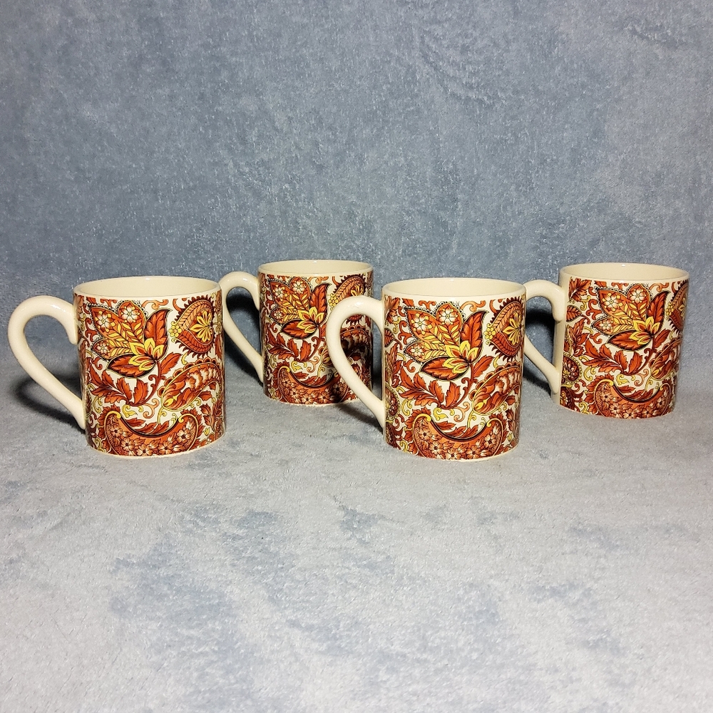(4) Vintage Waechtersbach West Germany Paisley Floral Mugs Orange Yellow MCM
